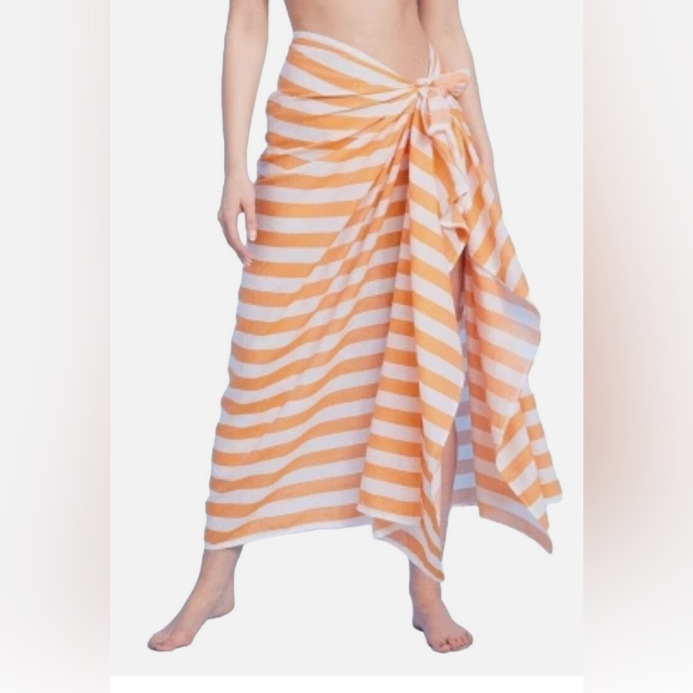 NWOT Shade & Shore Orange White Striped Beach Sarong Cover Up One Size